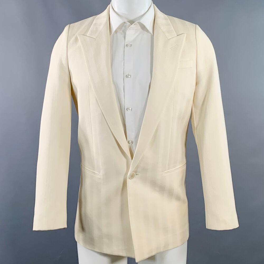SAINT LAURENT Size 40 Regular Cream White Stripe Wool Peak Lapel Sport Coat - Picture 1 of 11